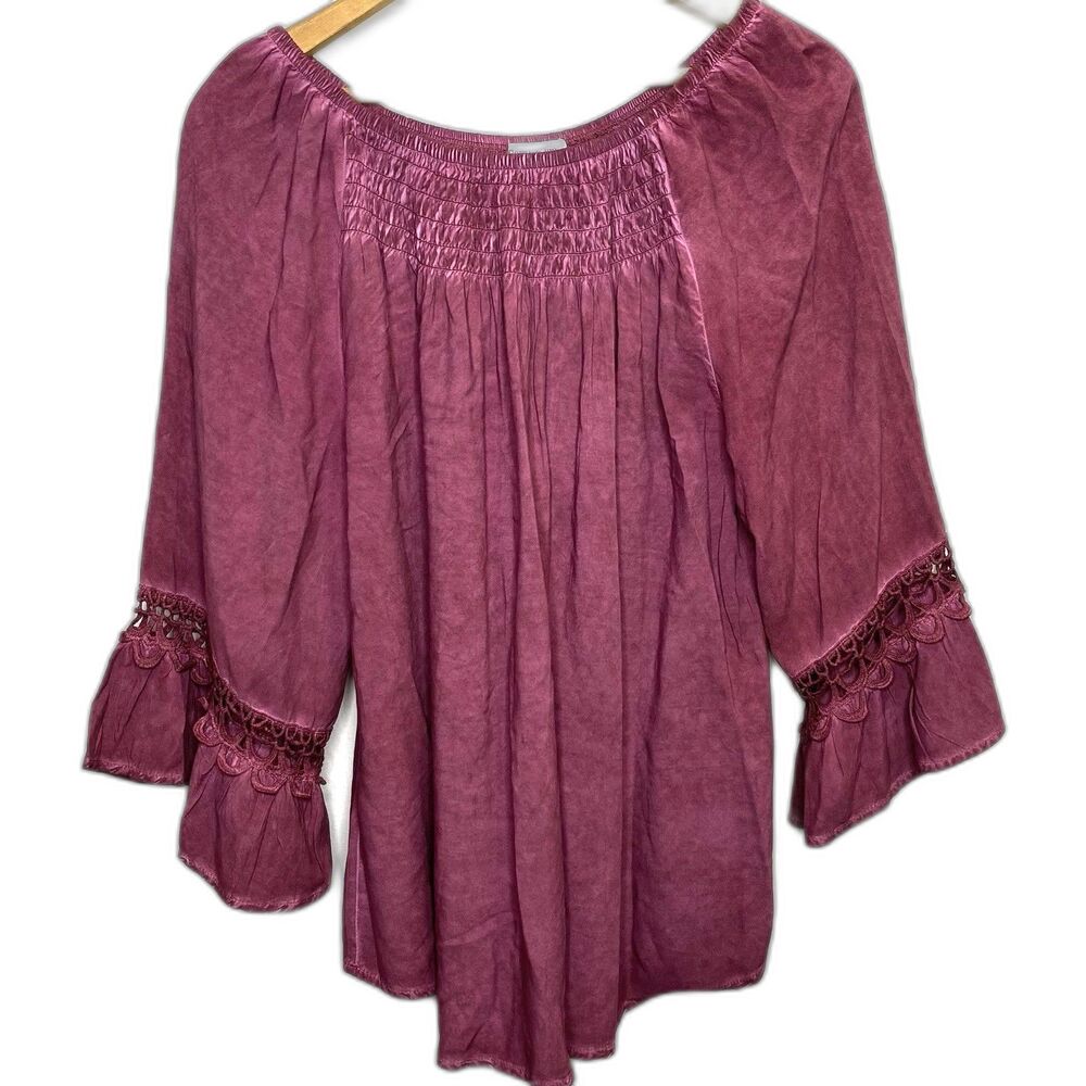 Floral & Ivy Off-Shoulder Blouse Smocked Crochet 3/4 Sleeves Rayon Womens L